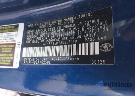 2008 Toyota Camry Le из США, поврежденный, VIN 4T1BE46K28U257140